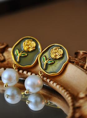 法式复古宫廷耳环珍珠玫瑰花耳钉赫本风耳饰 A10225复古风