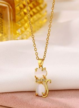 钛钢项链 白猫女网红百搭锁骨链吊坠轻奢简约气质时尚法式设计感