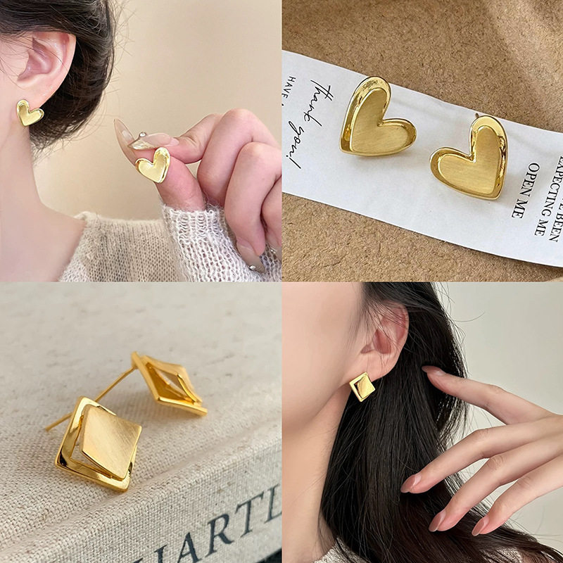 几何金属拉丝爱心耳环女耳夹无洞高级感小众设计精致个性百搭耳饰