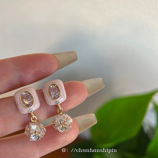 春款粉色巨闪锆石蚊香盘耳夹高级感滴釉耳钉时尚简约小清新耳环女