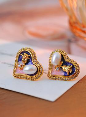 油画爱心耳钉银针简约小巧中式复古新款爆款独特气质耳环 A10282