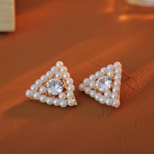 几何图形三角方形耳钉珠珠镶嵌超仙精致通勤日常百搭耳环