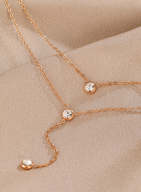 韩版钛钢双层项链仙女玫瑰金锁骨链冷淡颈链简约ins气质吊坠钻链