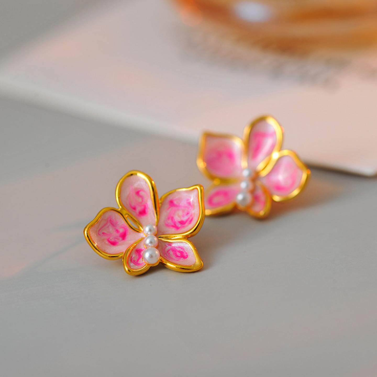 欧美时尚青花瓷粉色滴油耳环鸢尾花朵耳钉气质简约百搭高级感耳饰