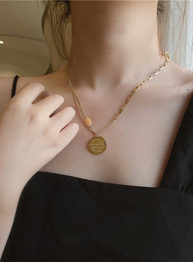 钛钢饰品不褪色可洗澡轻奢双层T扣圆牌项链女ins潮气质锁骨链可