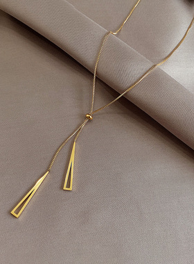 通体钛钢加长毛衣链抽拉式三角玫瑰金色项链流苏盒子链锁骨链女