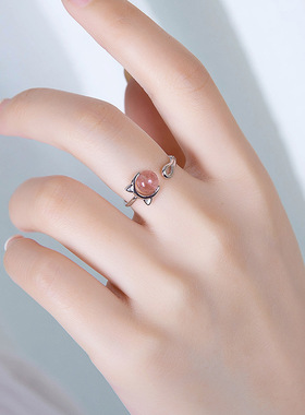粉色草莓晶S925银戒指可调节可爱小猫咪指环女款