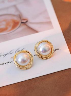 高版本温柔港风复古仿贝珠优雅大气耳环名媛风气质耳钉 A10309