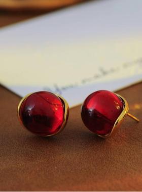 复古气质酒红色圆形耳钉简约优雅个性精致小众耳环 A10079