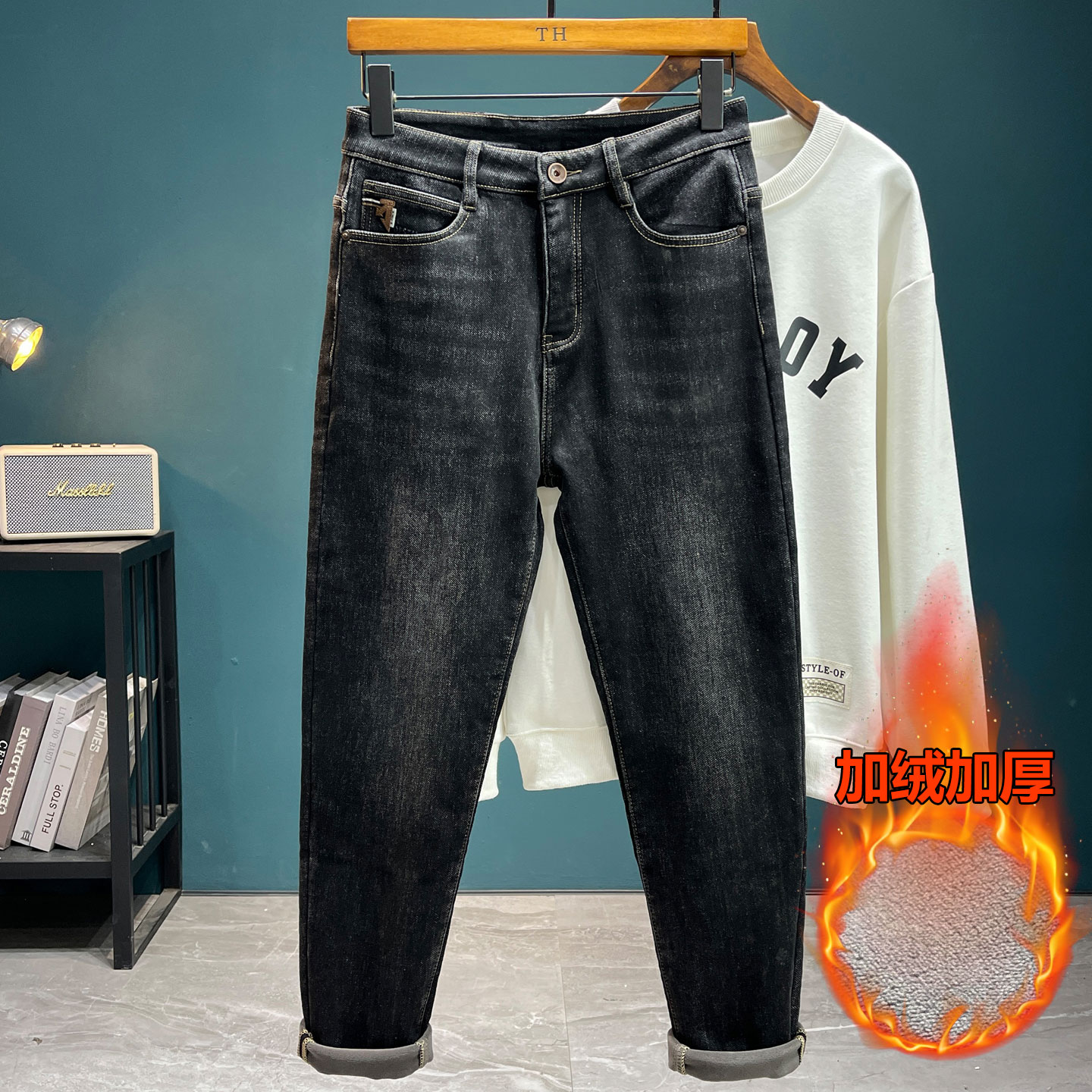 高级感痞帅男士加绒加厚牛仔裤潮