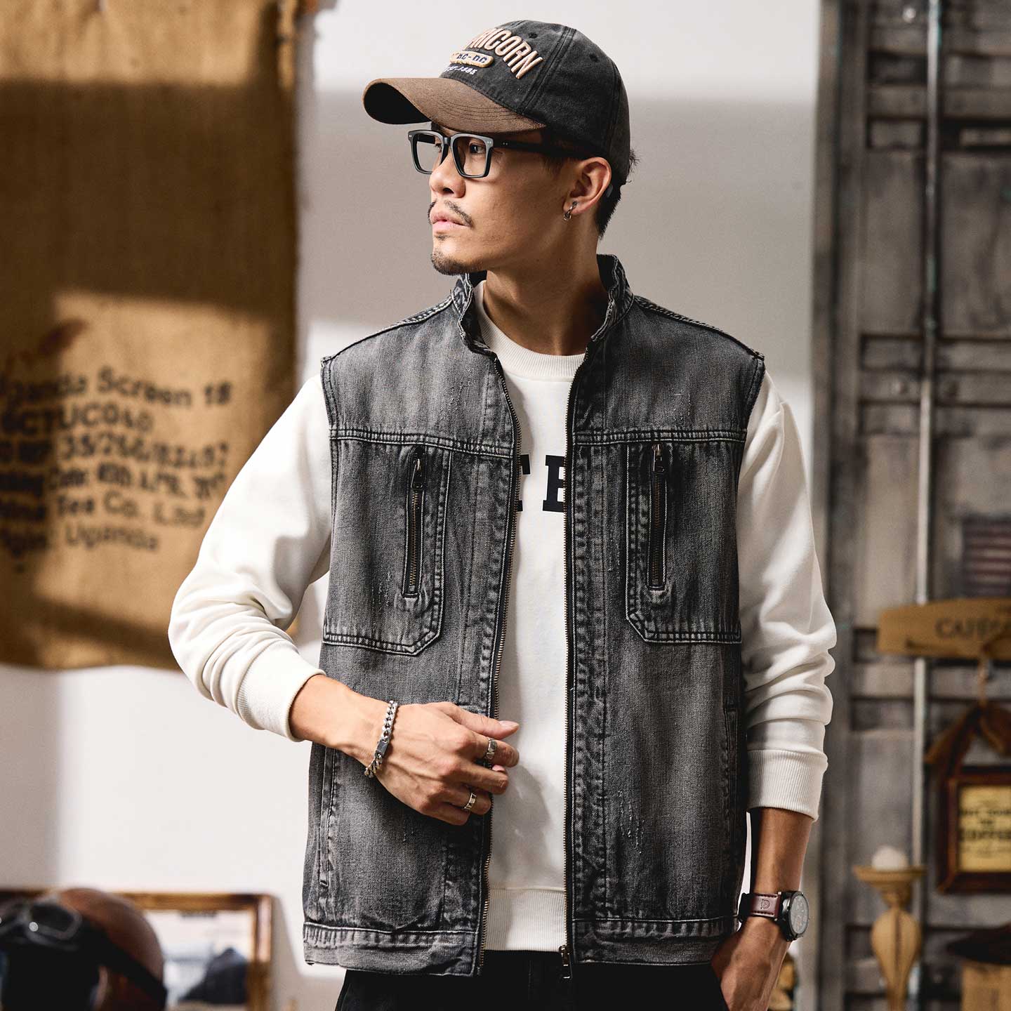 拉链款复古牛仔马甲男机车夹克潮