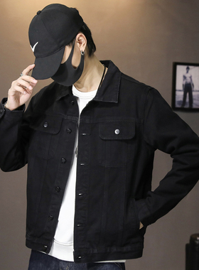 秋季黑色男士牛仔外套修身美式工装秋冬款帅气休闲夹克男复古潮流