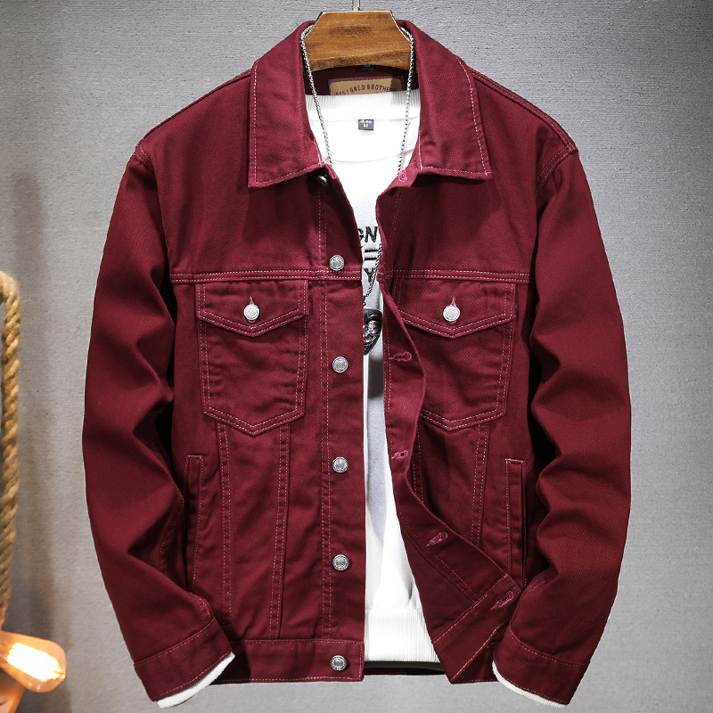 牛仔外套男秋季新款潮牌痞帅翻领纯棉宽松红色休闲夹克秋冬款上衣