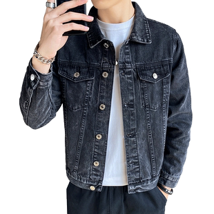 秋冬款黑色牛仔外套男韩版秋季男士翻领夹克复古短款牛仔衣服潮流