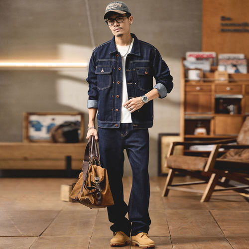 莱赛尔翻领宽松牛仔外套男士套装