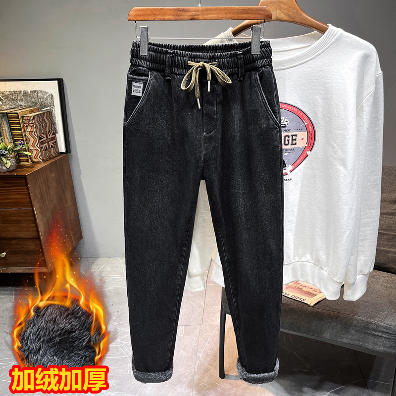 加绒加厚牛仔长裤宽松冬季松紧腰