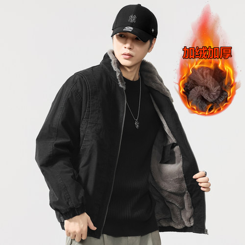美式重磅工装加绒加厚牛仔棉服男