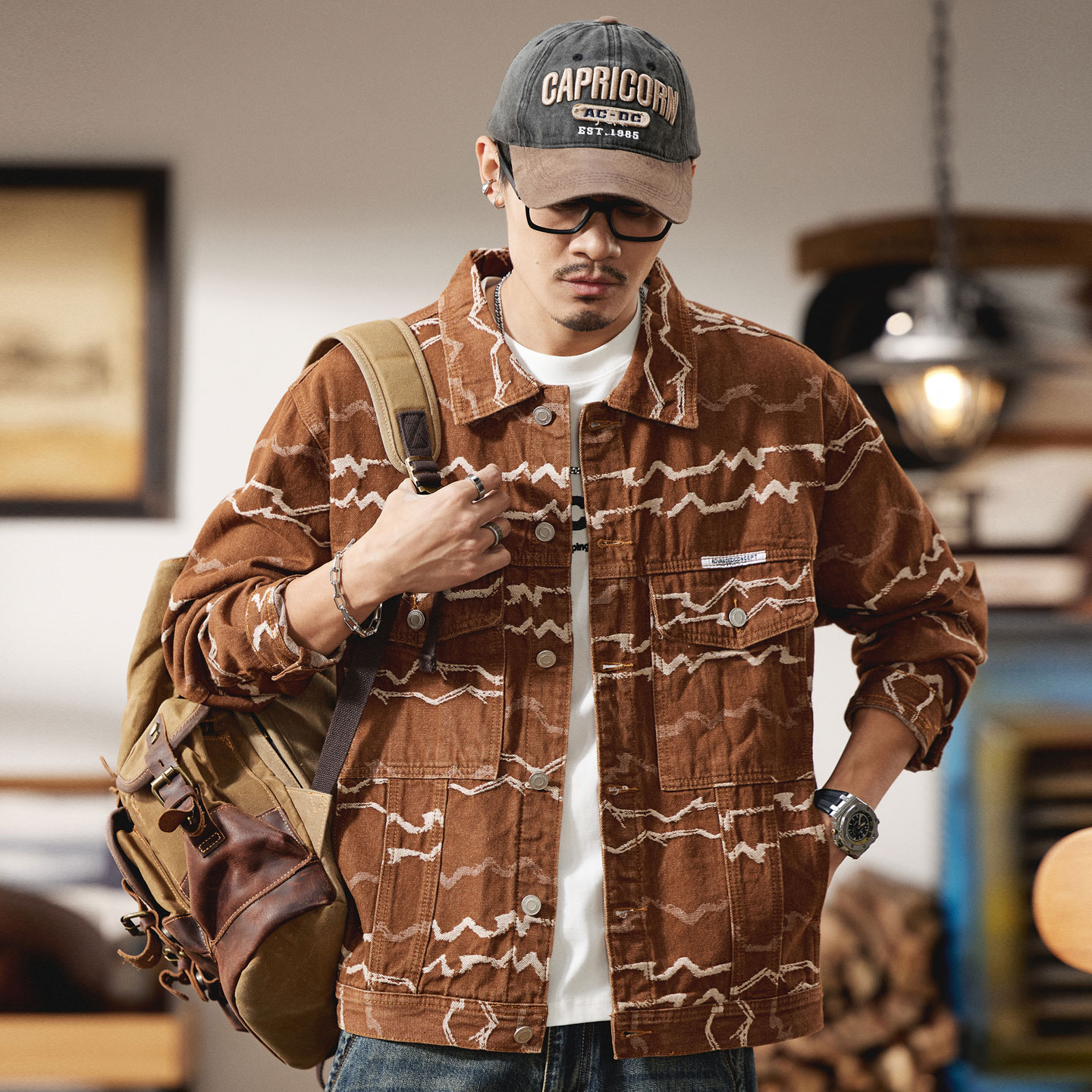 提花牛仔外套男潮牌工装宽松夹克