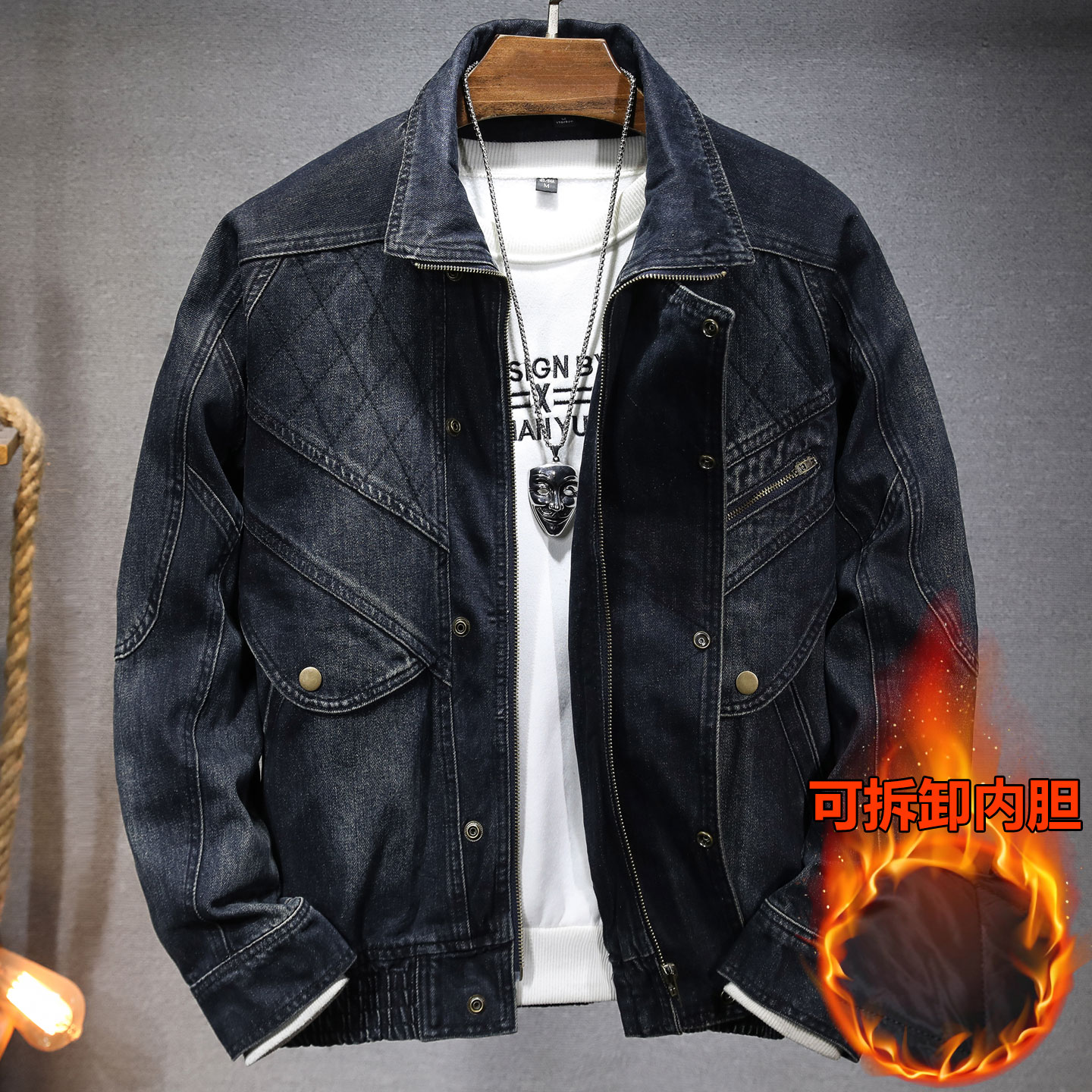 拉链款加绒加厚牛仔外套男士加棉