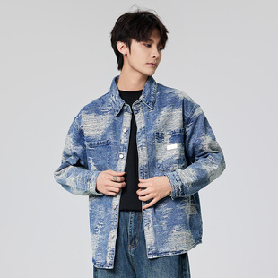 痞帅复古高级感长袖春秋季新款宽松字母印花格子衬衫男薄款外套潮