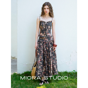 miorastudio法式 高级感野雾蔷薇油画褶皱半身裙宽松优雅中长裙子