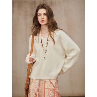 Miorastudio法式 复古奶油白V领温柔毛衣宽松慵懒感保暖濑熊绒上衣