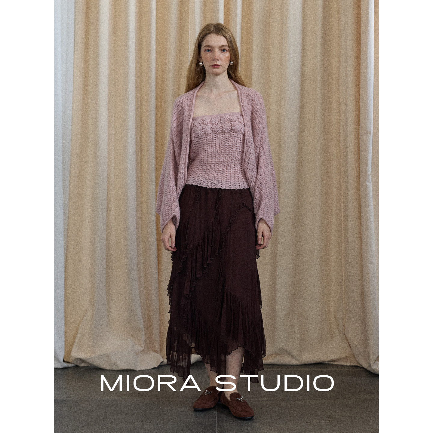 Miorastudio法式复古高腰深棕色肌理荷叶边半身裙不规则下摆长裙