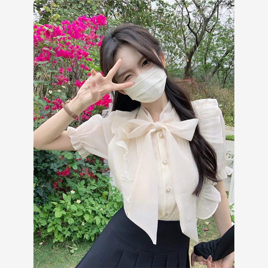 温柔风蝴蝶结荷叶边泡泡袖衬衫女夏季新款洋气百搭显瘦上衣潮