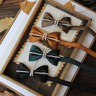 韩版复古手穿珍珠立体新郎伴郎领结 男 纯色棕色粉色灰色 蝴蝶结