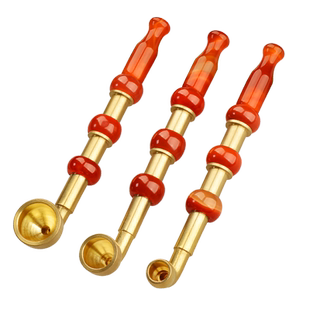 男士手工传统老式红玛瑙嘴玛瑙珠子烟斗黄铜烟锅大锅小锅叶子锅