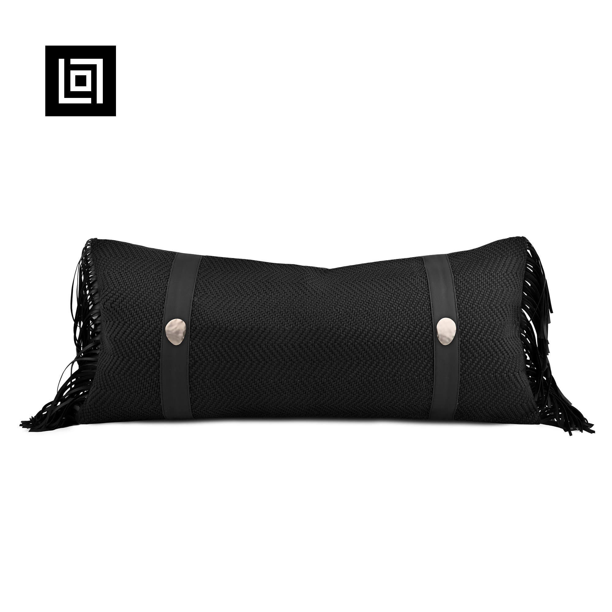 echo轻奢样板间抱枕黑色编织皮拼接腰枕别墅沙发靠包长条靠枕靠垫