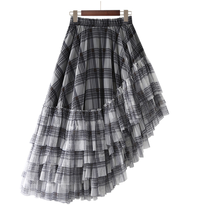 不规则格纹网纱蓬蓬蛋糕半身裙