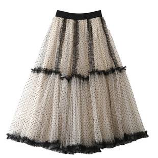 波点纱蓬蓬裙重工植绒拼接前短后长半身裙 不规则A字拼接网纱裙女
