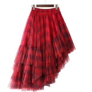 纱裙女重工压褶前短后长不规则半身裙 公主沙滩裙网纱A字蓬蓬蛋糕