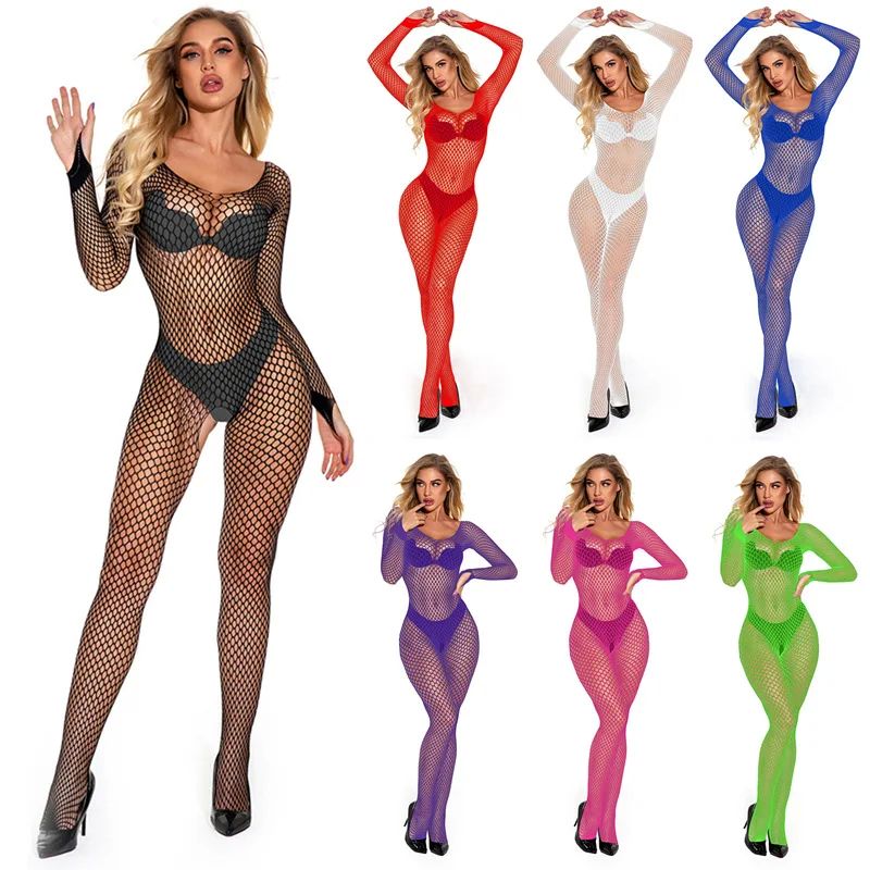 Perspective mesh one-piece stockings圆领长袖透视网眼连体丝袜