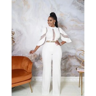 mesh solid color jumpsuit 女士纯色拼接连体裤 splicing Women