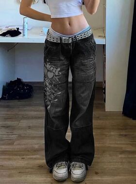 低腰不规则印花褶皱牛仔裤女 Low waisted printed pleated jeans