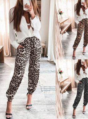 Leopard print elastic waist casual trousers wo豹纹印花长裤女