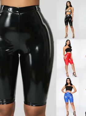 Solid color glossy tight PU quarter shorts亮面紧身PU五分短裤