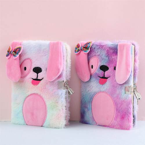 Plush Notebook with Lock Cute Dog Journal A5 Diary Line Pape