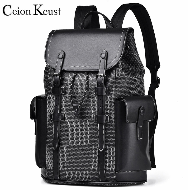 CeionKeust男士双肩包欧美时尚格子背包潮牌学生旅行包休闲电脑包