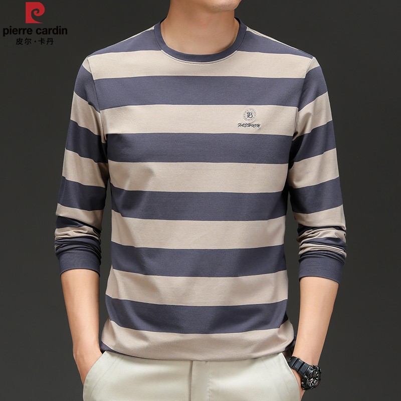 皮尔卡丹秋季新款男士条纹纯棉T