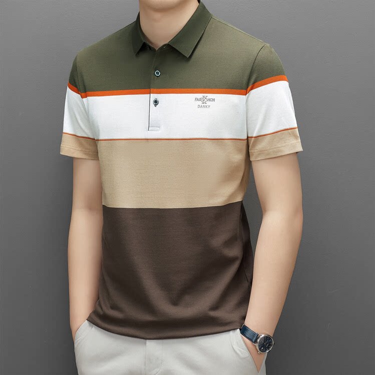 皮尔卡丹夏季男士商务休闲条纹翻领短袖polo衫薄款透气纯棉T恤衫