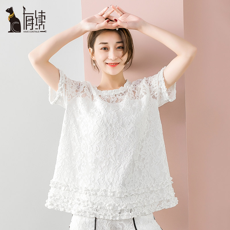 2020年夏季新款有续木耳边宽松套头A字短袖圆领白色蕾丝衫上衣女