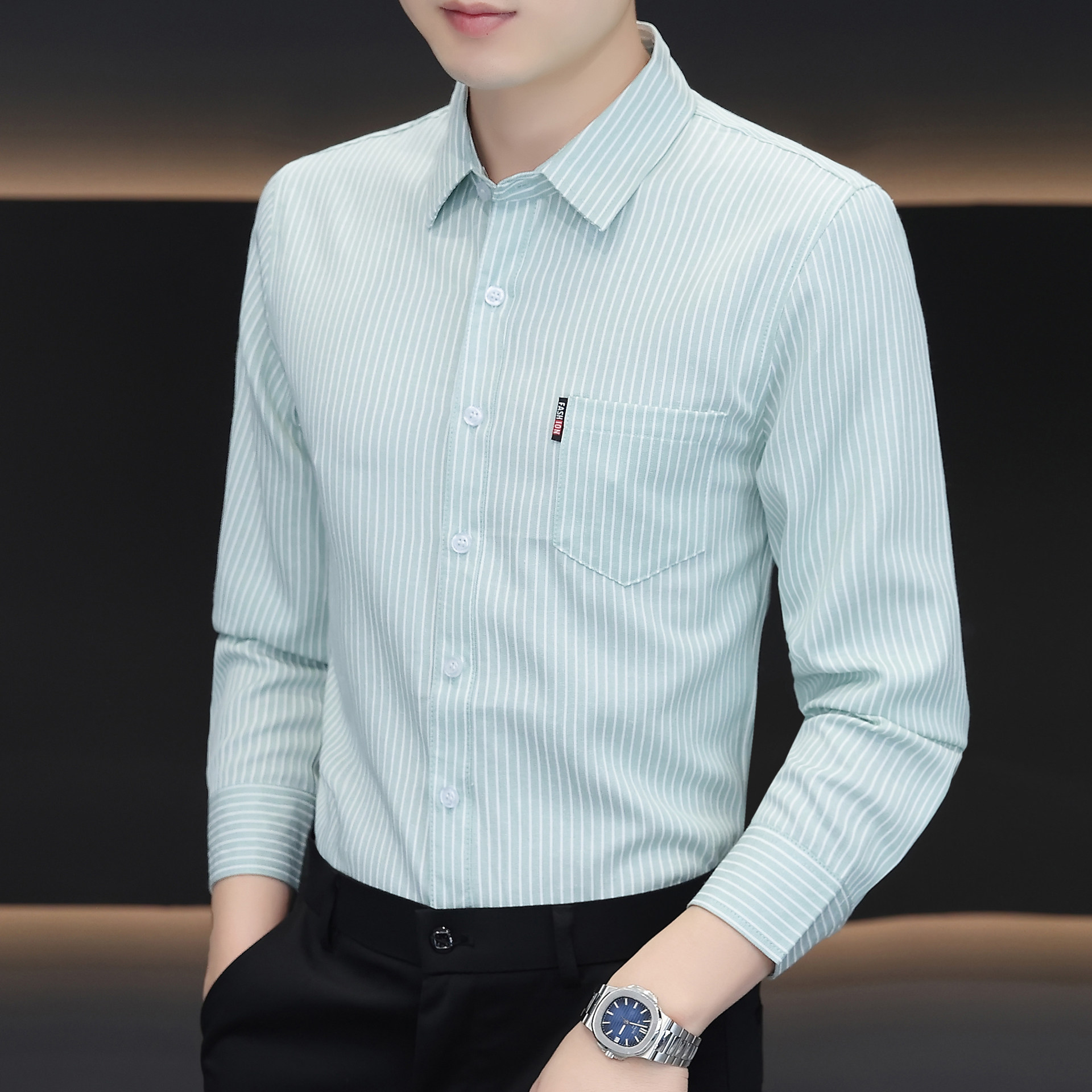 2025新款春秋男士长袖条纹衬衫男装青年韩版修身有口袋休闲商务棉,男装,衬衫,淘宝优惠券,粉丝福利购,淘宝优惠卷
