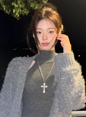韩系小众设计感银色十字架项链复古辣妹风个长款颈链yk颈饰女