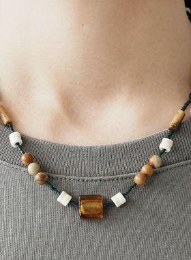 贰狸手作「咖色方块」串珠项链日系复古文艺小众个古风禅意配饰