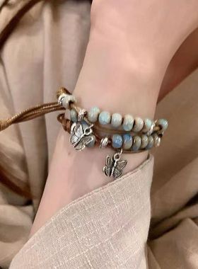 一缕瓷复古民族风景德镇陶瓷蝴蝶手链国风学生文艺手绳饰品新款
