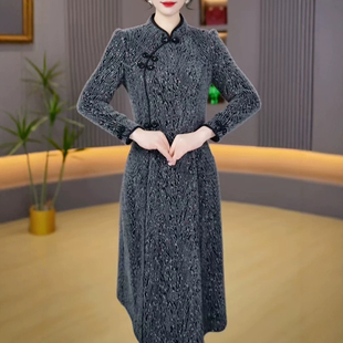 秋冬款新中式旗袍领盘扣连衣裙女时尚气质收腰显妈妈装中长款裙子