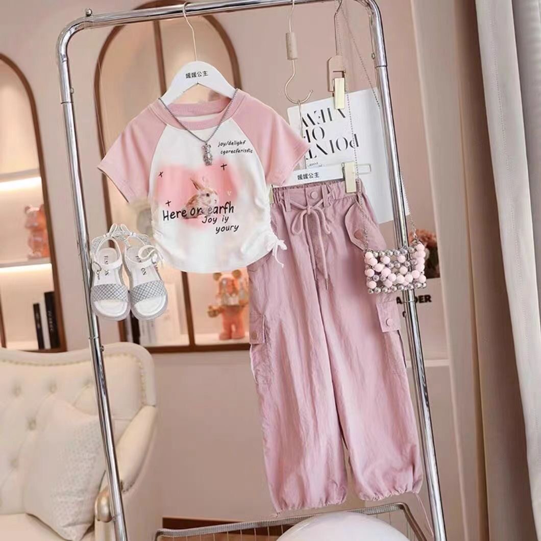 여자 유행 멋진 정장 여름 어린이 작업복 2024 새로운 반팔 스포츠 여자 유행 중형 및 대형 아동복